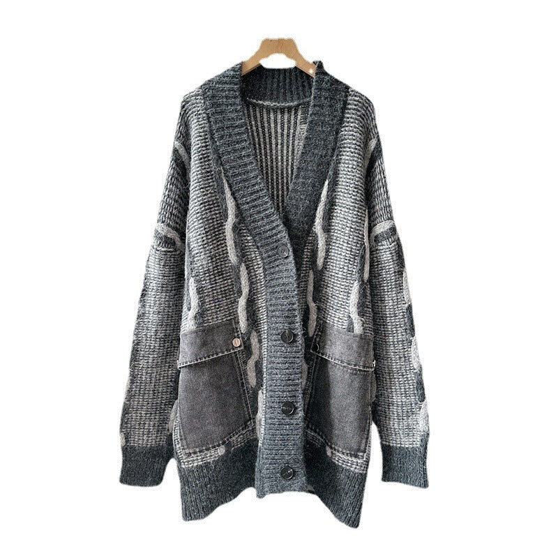 Denim Pocket Stitching Sweater Cardigan For Women