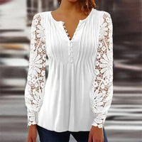 European And American Spring And Autumn Fashion Lace Lace Sleeve Pleated Solid Color Buttons T-shirt