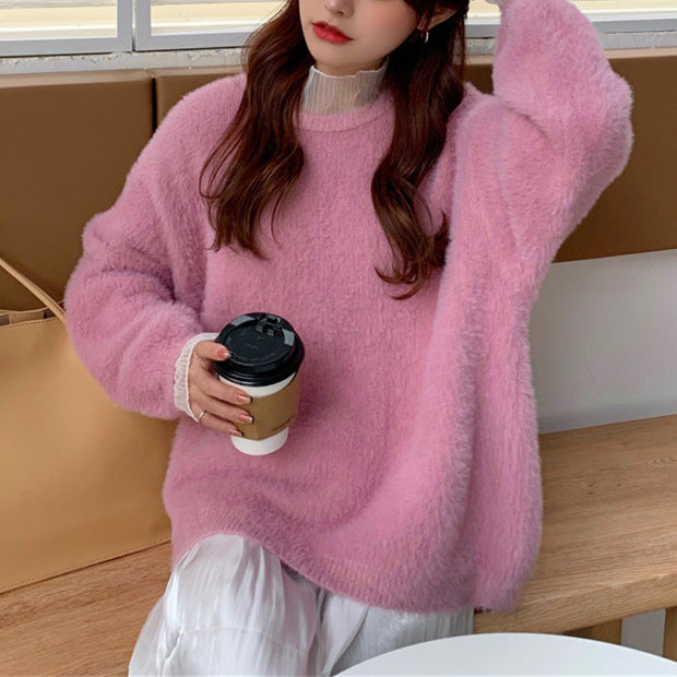 Soft Glutinous Autumn And Winter New Gentle Mink-like Wool Thickened Outer Wear Loose Long-sleeved Stitching Pullover Knitted Sweater For Women