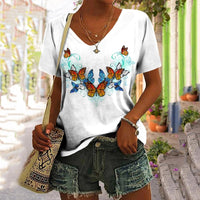 European And American Women's Clothing New Top Loose V-neck Digital Printed Short Sleeve T-shirt