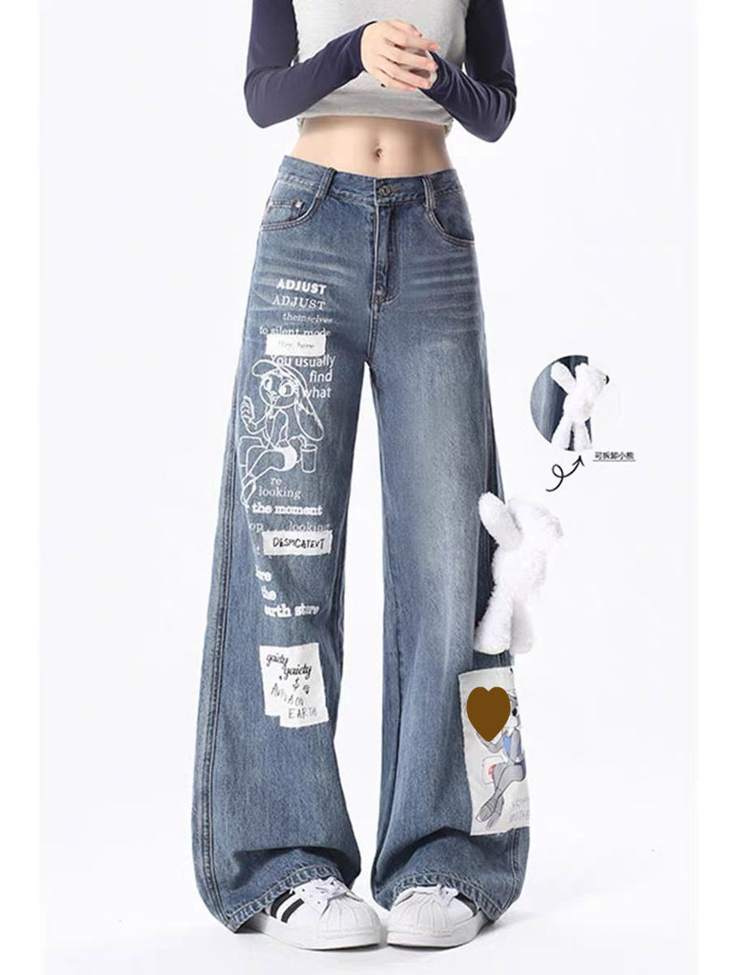 Cartoon Rabbit Print Loose Straight Casual Wide-leg Pants