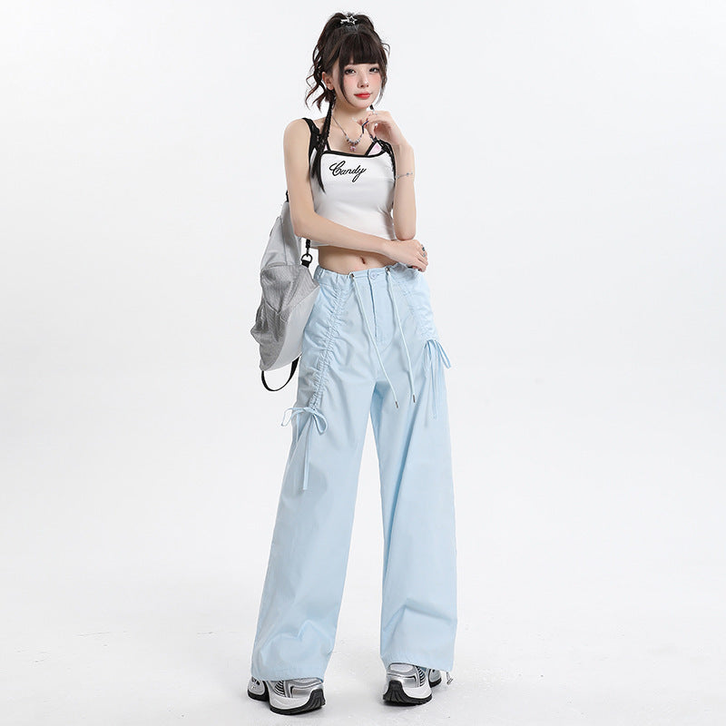 Straight Cargo Pants Women Bow Drawstring Wide Leg Track Pants