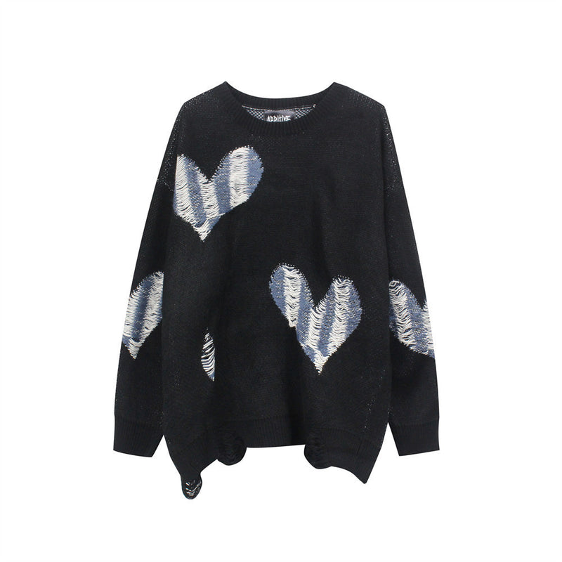 Contrast Color Heart Knit Men's High Street Loose Crew Neck Sweater