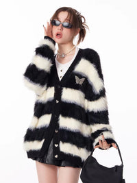 Black And White Striped Soft Glutinous Thick Lazy Knitted Cardigan