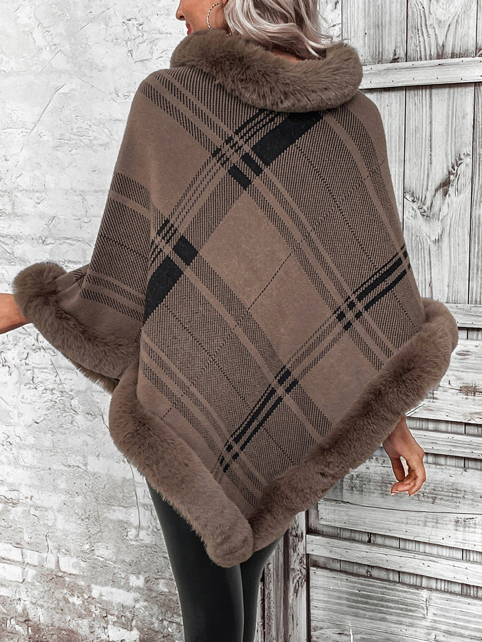 Ins Fur Collar Plaid Cape And Shawl Cardigan Sweater