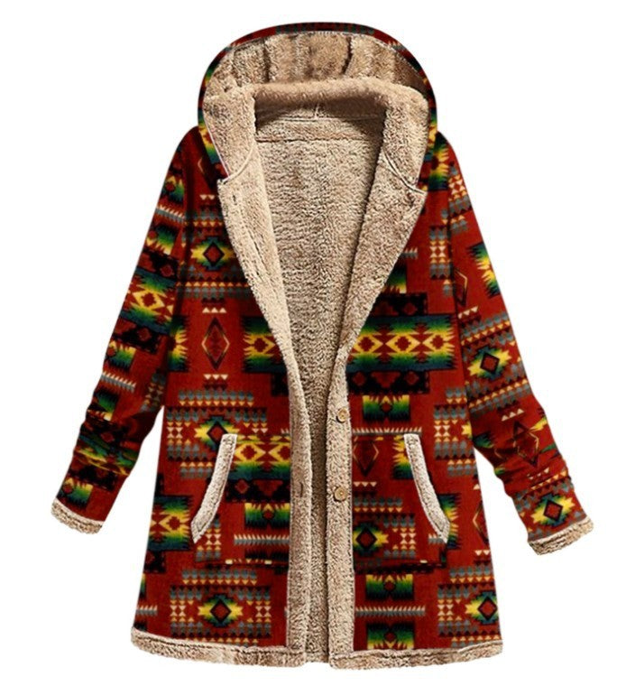 Cotton And Linen Printed Hooded Sweater Warm Plush Jacket