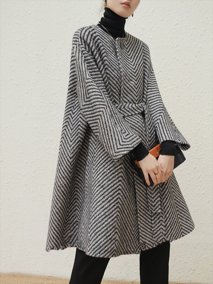 Wool Two-color Herringbone Crewneck Wide Sleeve Belt Design A Swing Silhouette Mid-length Coat For Women