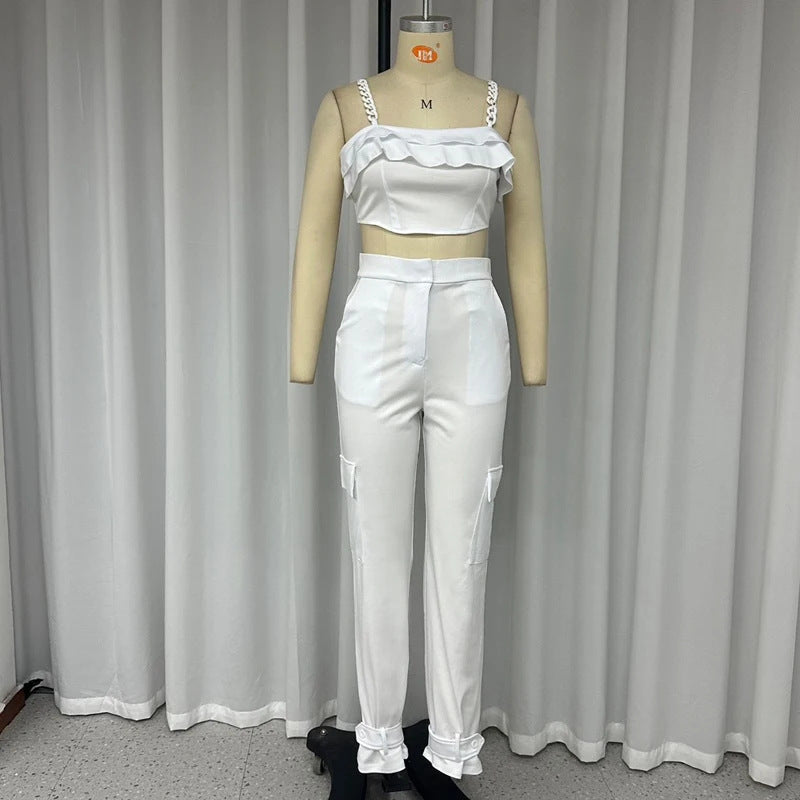 Women's Solid Color Square Collar Sling High Waist Ankle-tied Trousers Suit