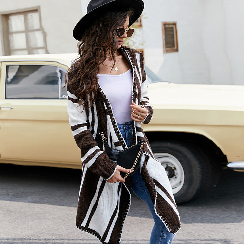 Striped Contrast Color Hooded Knit Cardigan