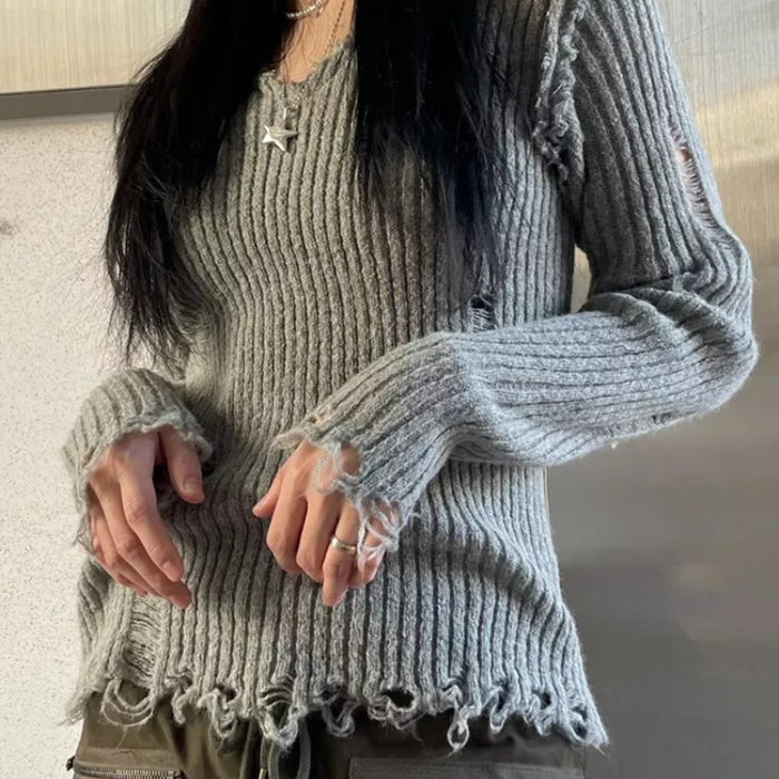 New Elegant V-neck Hand Frayed Long-sleeved Bottoming Sweater