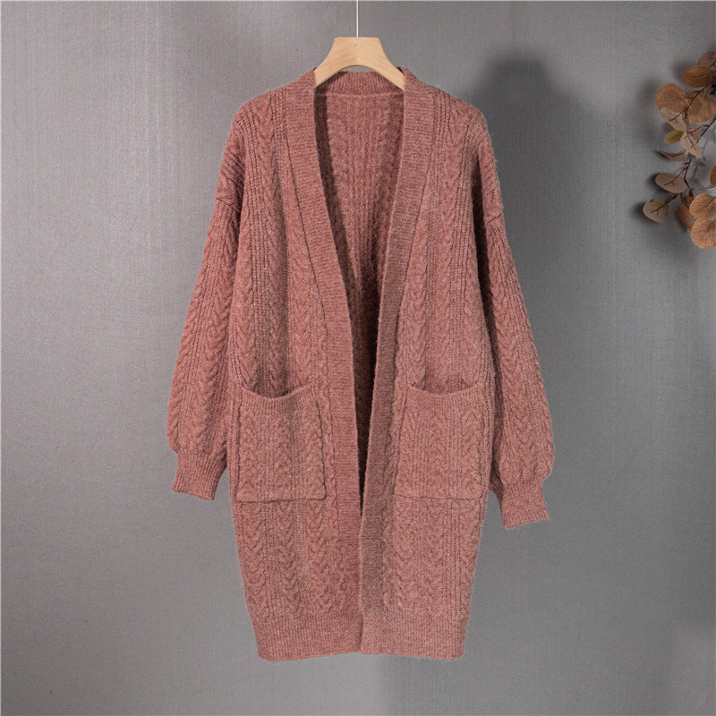 New Knitted Mid Length Cardigan Coat Loose Versatile Women's Sweater