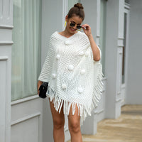 Fringed Cloak Shawl Hair Ball Solid Color Sweater