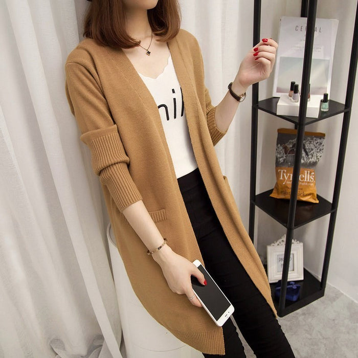 Women's Fashion Casual Double Pocket Mid-length Knitted Cardigan Sweater