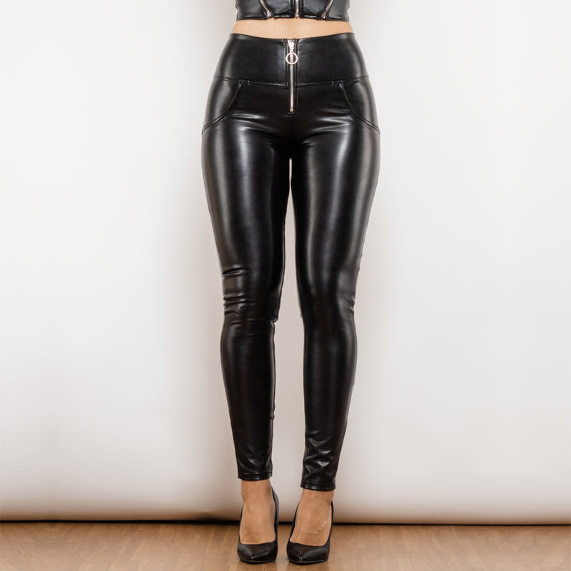 Shascullfites Melody High Waist Shiny Black Ring Zipper PU Leather Pants Elastic Push Up Leather Leggings Bum Lift Pants