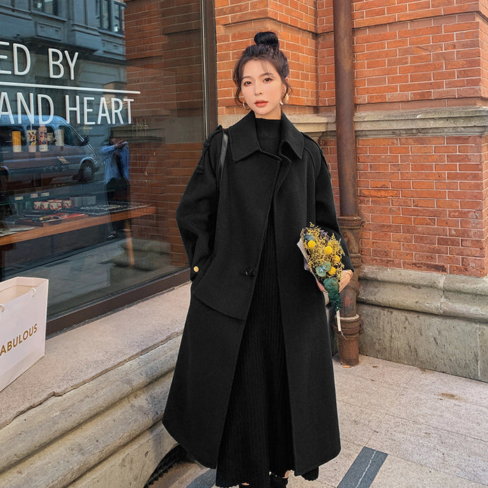 Mid-length Woolen Coat Over-the-knee Waist British Style Coat