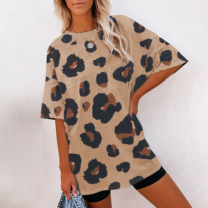 Women's Short Sleeve Temperament Leopard Print Loose Round Neck T-shirt