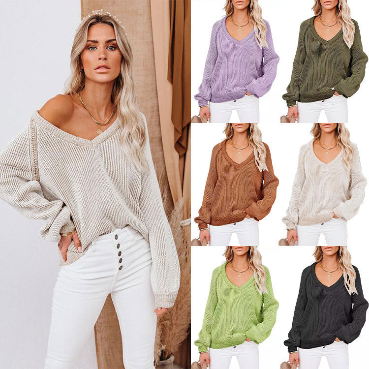 V-neck Pullover Women's Fashion Personality Long-sleeved Knitted Sweater