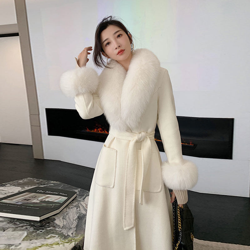 Korean Version Large Fur Collar Slim Fit Medium Long Woolen Coat