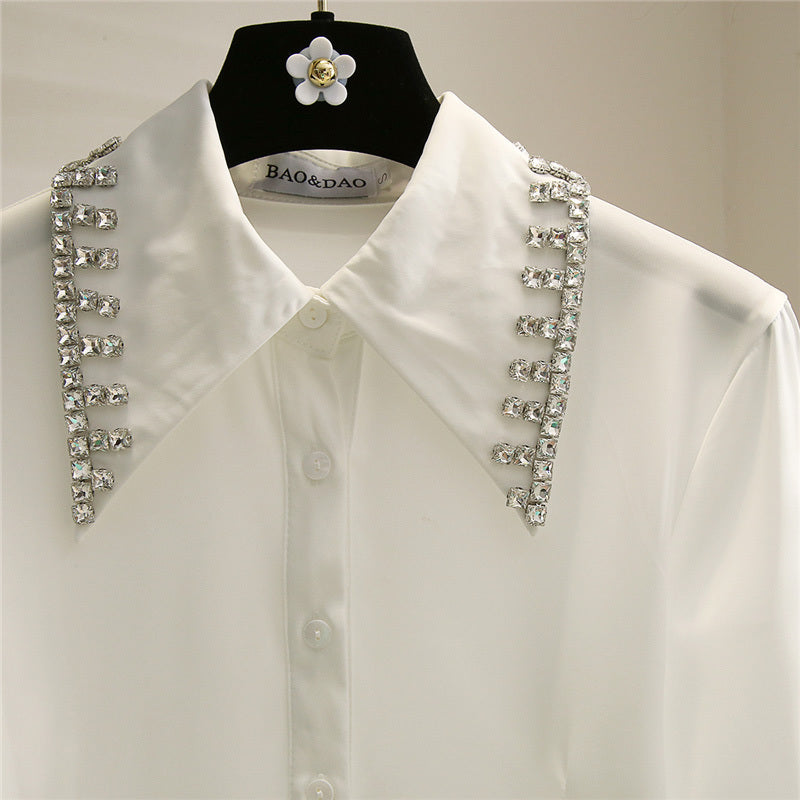 Long Sleeve Cardigan Short Rhinestone White Shirt