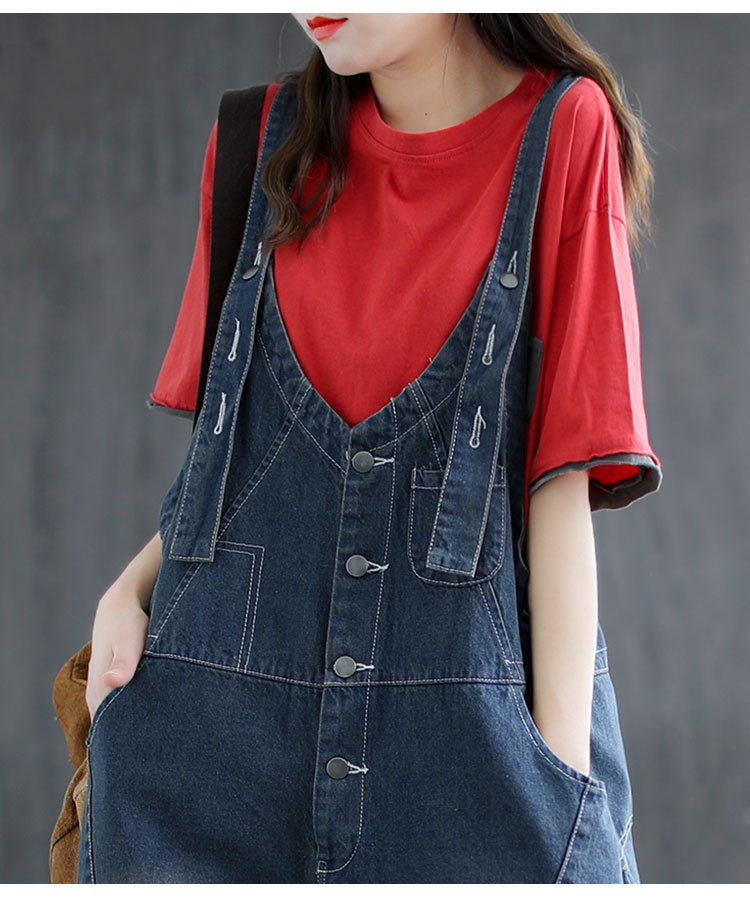 Loose-looking Thin Summer Jeans With Ripped Suspenders