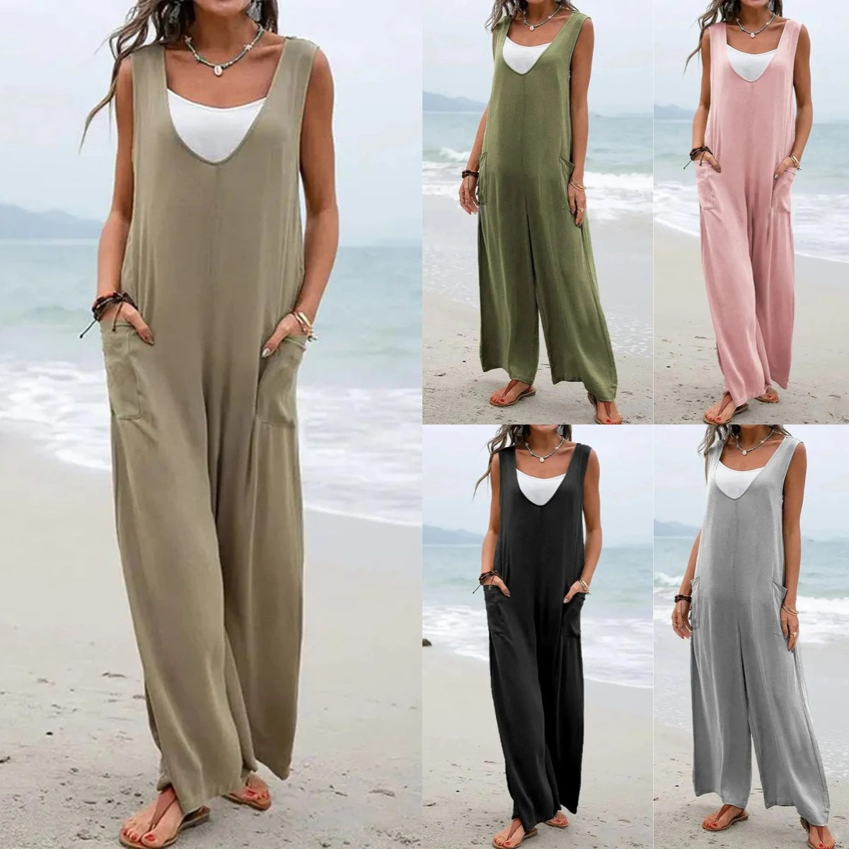 Pure Color Stickers Bags Fashion Jumpsuit V-neck Bib Wide Leg Trousers For Women