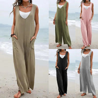 Pure Color Stickers Bags Fashion Jumpsuit V-neck Bib Wide Leg Trousers For Women