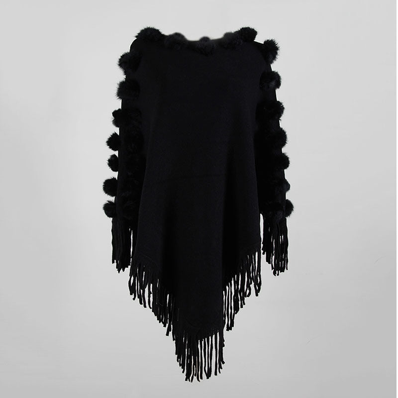 Fringed Cloak Shawl Hair Ball Round Neck Pullover Solid Color Sweater Women