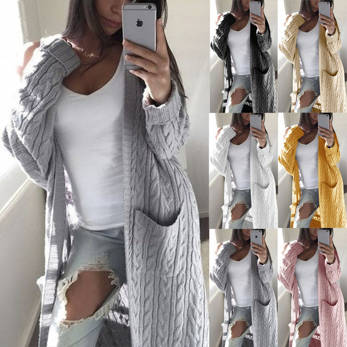 Women's Long Double Pocket Full Body Twist Sweater Cardigan