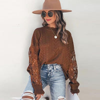 Loose Round Neck Cutout Floral Long-sleeved Sweater