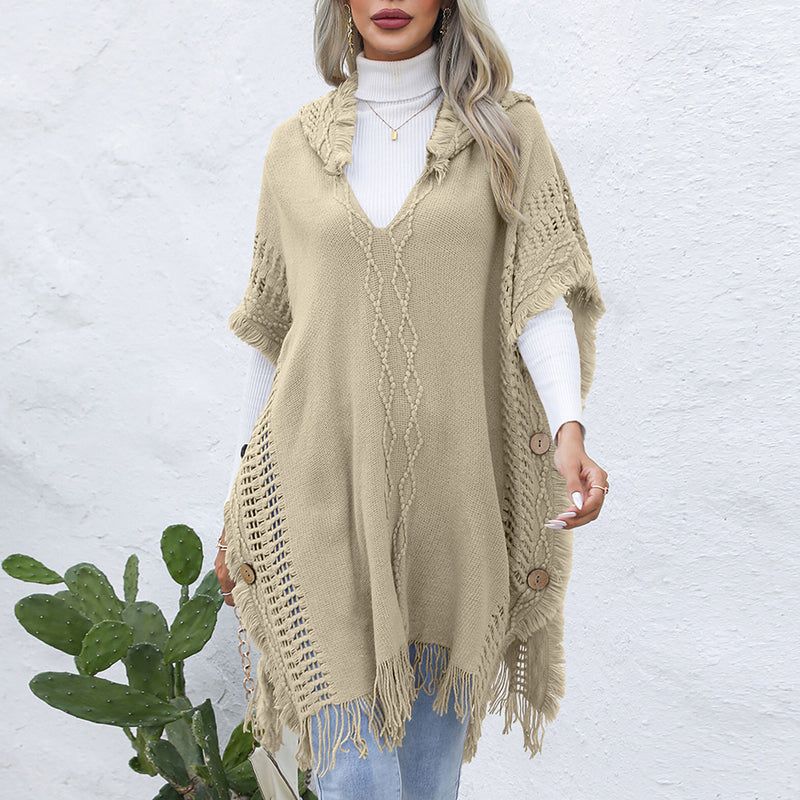 V-neck Hooded Pullover Mid-length Sweater