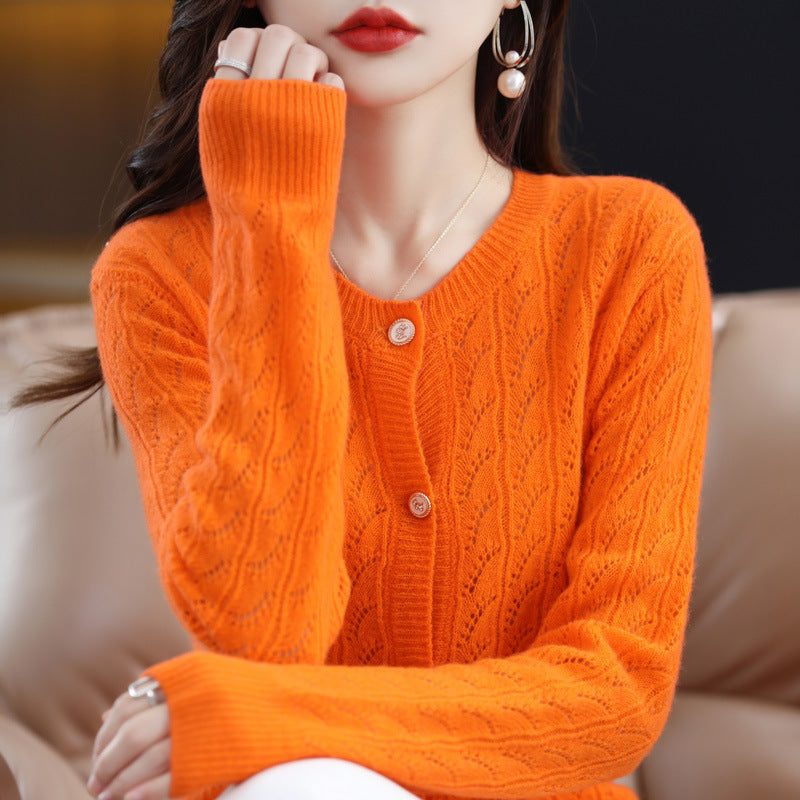 Women Solid Color Loose Round Neck Cardigan