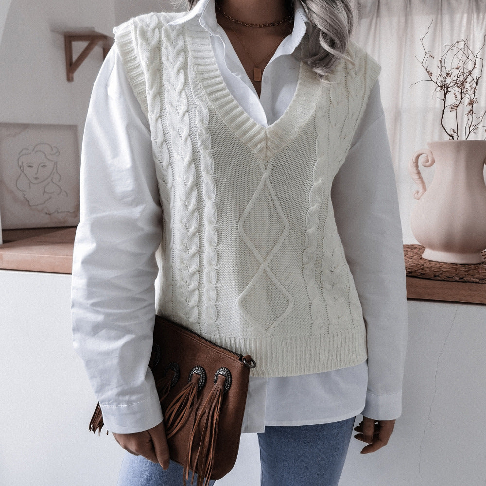 Women's V-neck Fried Dough Twist Casual Loose Knit Sweater Vest