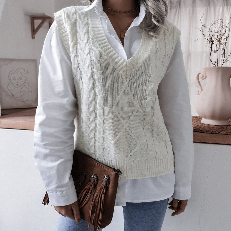 Women's V-neck Fried Dough Twist Casual Loose Knit Sweater Vest