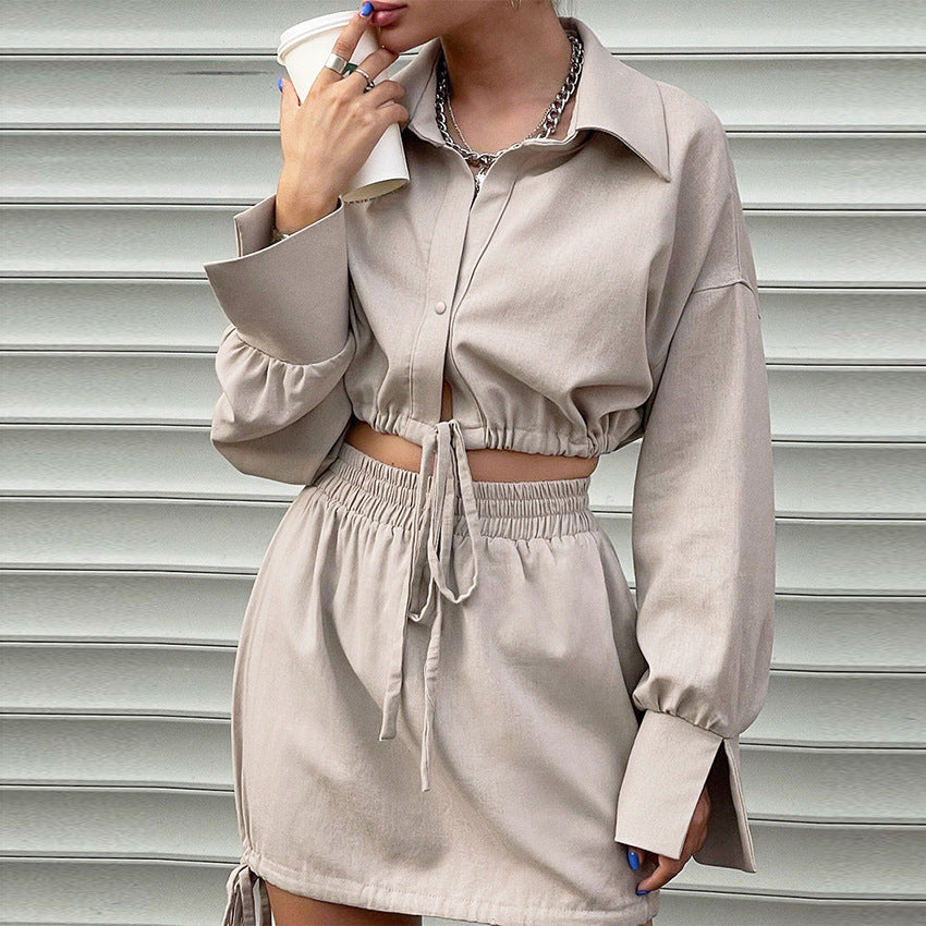 Women's Cotton Linen Long Sleeve Blouse Bud Skirt Two-piece Suit