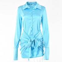 Women's Lace-up A- Line Lapel Long Sleeve Temperament Dress