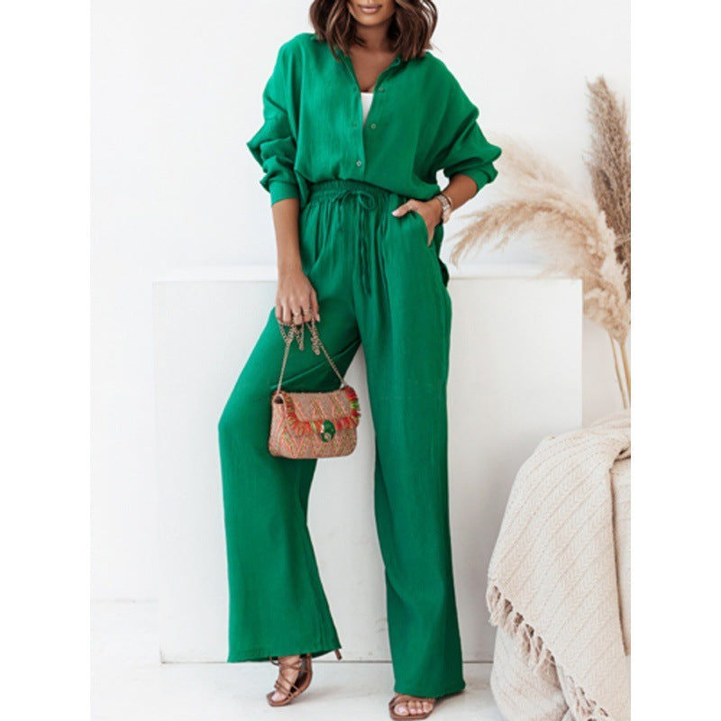 Loose Elastic Wrinkle Long-sleeved Shirt Wide-leg Pants Casual Suit