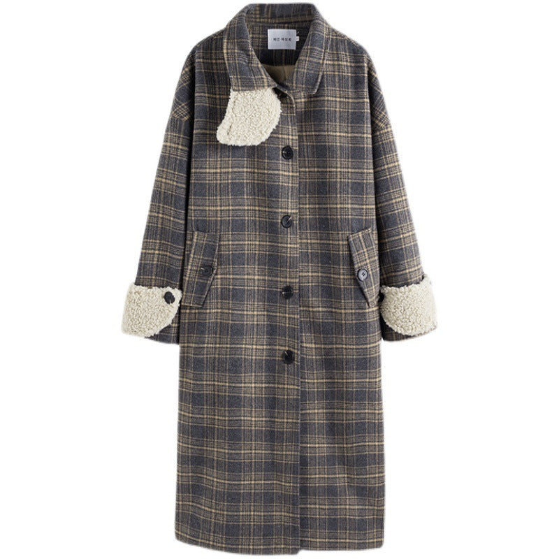 Loose And Thick Temperament Retro Plaid Mid-length Woolen Coat Women