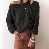 Solid Color Loose Diagonal Neck Long Sleeve Knit Top