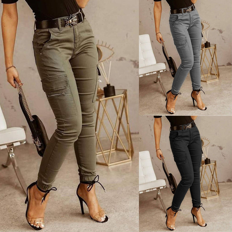 European And American Women's Trousers, Low-waisted Buttons, Solid Color Pockets