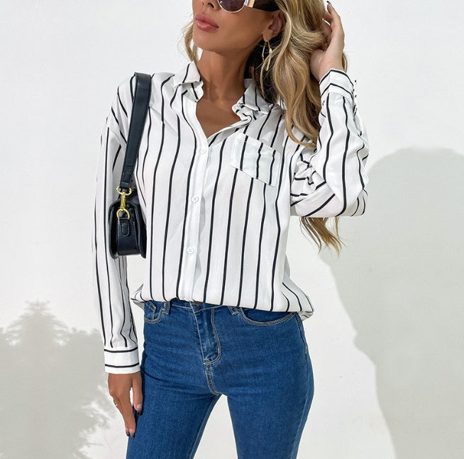 Business Wear Women's Loose Lapels White Striped Shirt