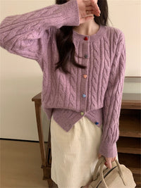 Gentle Color Heart Buckle Cable-knit Sweater Coat For Women