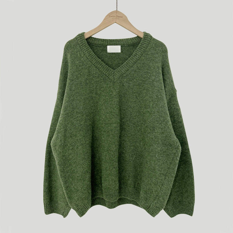 All-matching Solid Color V-neck Pullover Sweater Lazy