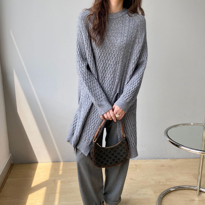 Solid Color Round Neck Twist Irregular Slit Sweater