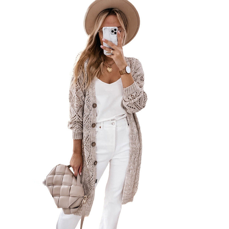 Solid Color Long-sleeved Sweater Women's Hollow-out Long Cardigan