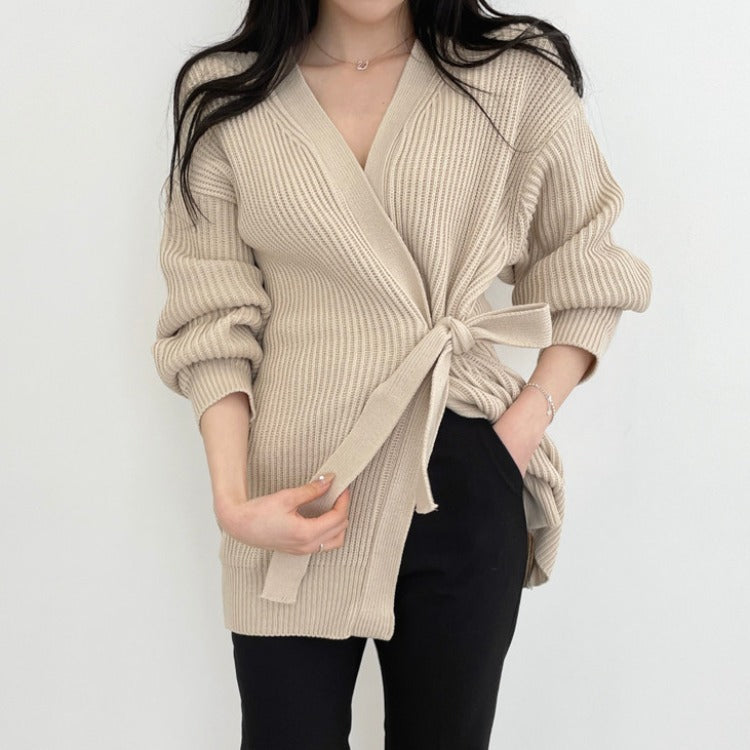 Pit Stripe Knitted Cardigan With Waist Strap Thickened Sweater