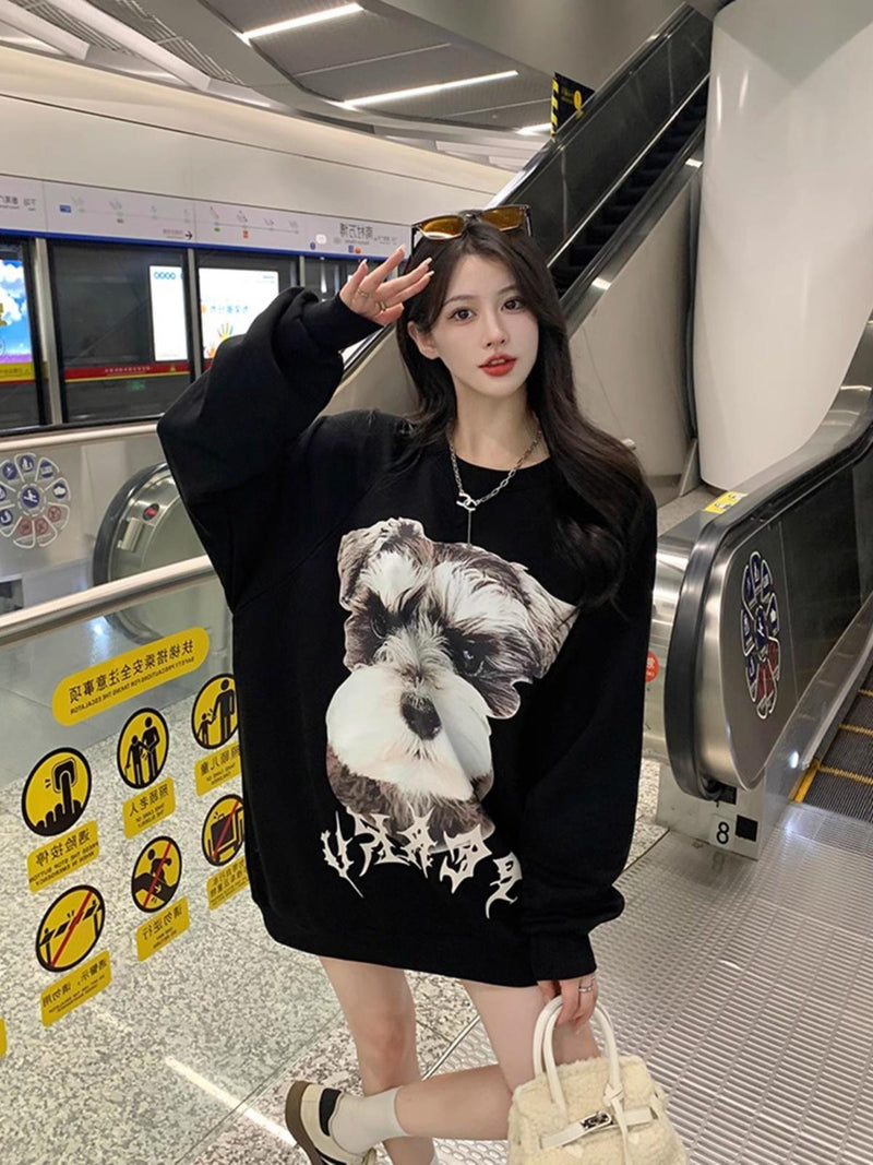 Women's Long Sleeve Loose Letter Print American Crew Neck Pullover Sweatshirt