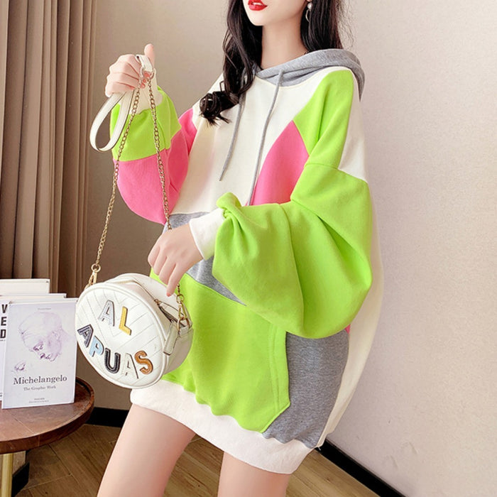 Women's Idle Style Hooded Color Matching Stitching Long-sleeved Hooded Sweater