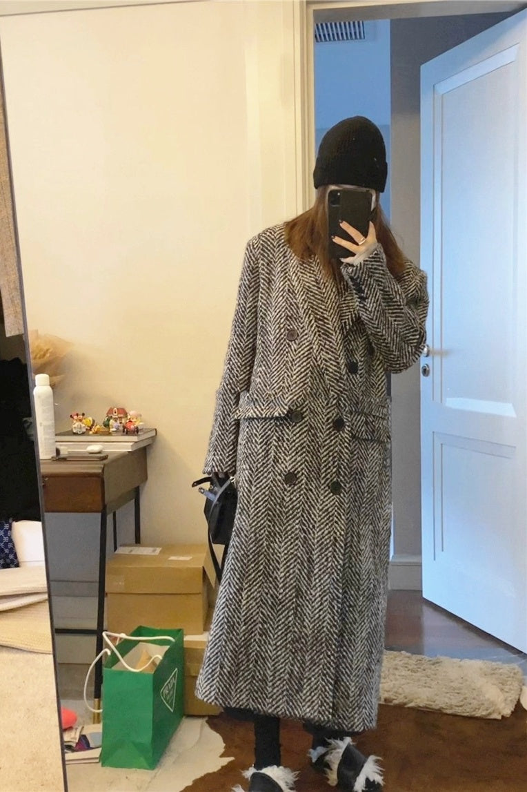 Wool Herringbone Double-breasted Back Slit Thick Woolen Coat Jacket