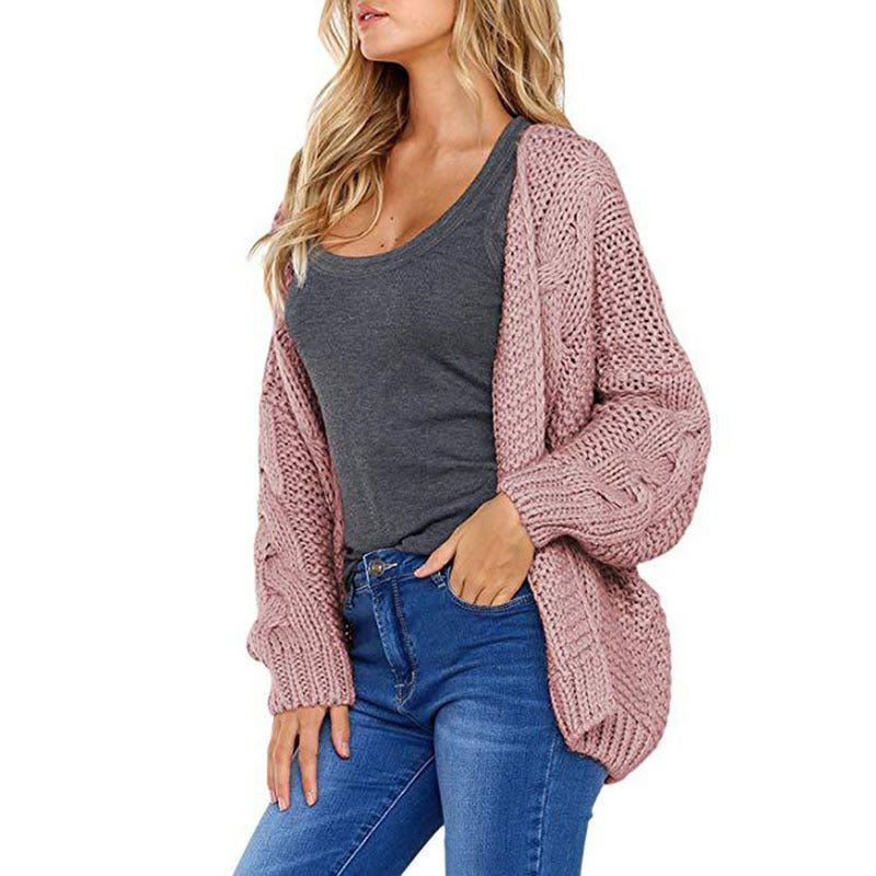 Women's Solid Color Thick Needle Loose Plus Size Knitwear Sweater Twist Cardigan