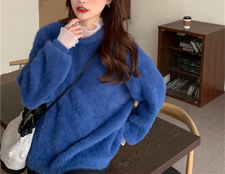 Soft Glutinous Autumn And Winter New Gentle Mink-like Wool Thickened Outer Wear Loose Long-sleeved Stitching Pullover Knitted Sweater For Women